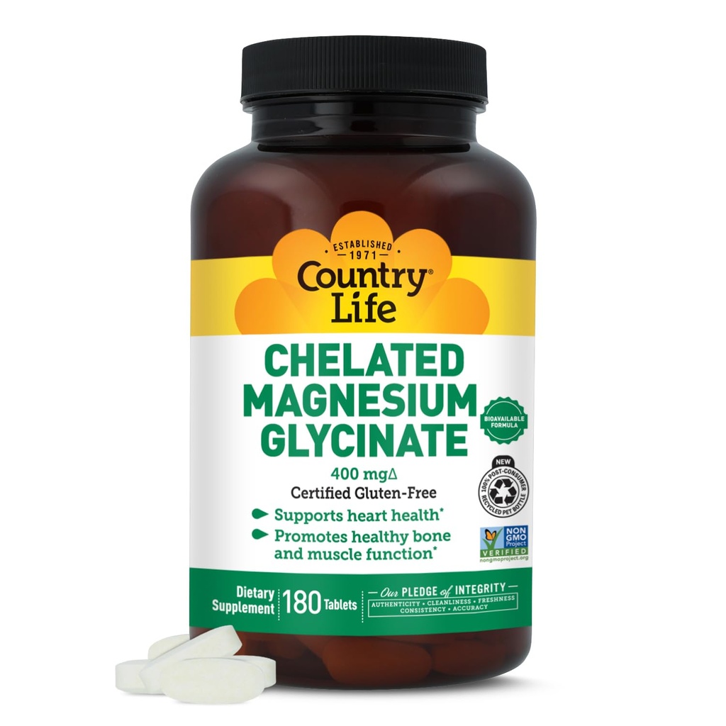 Country Life Chelated Magnezu Glycinate 400mg - Wysoka absorpcja Magnezu Suplement do Relaksacji Mięsaków, Energy, Bone & Immune Support - Bezglutenowy, Wegan, Halal, NieGMO Zweryfikowane - 180 Tabletki