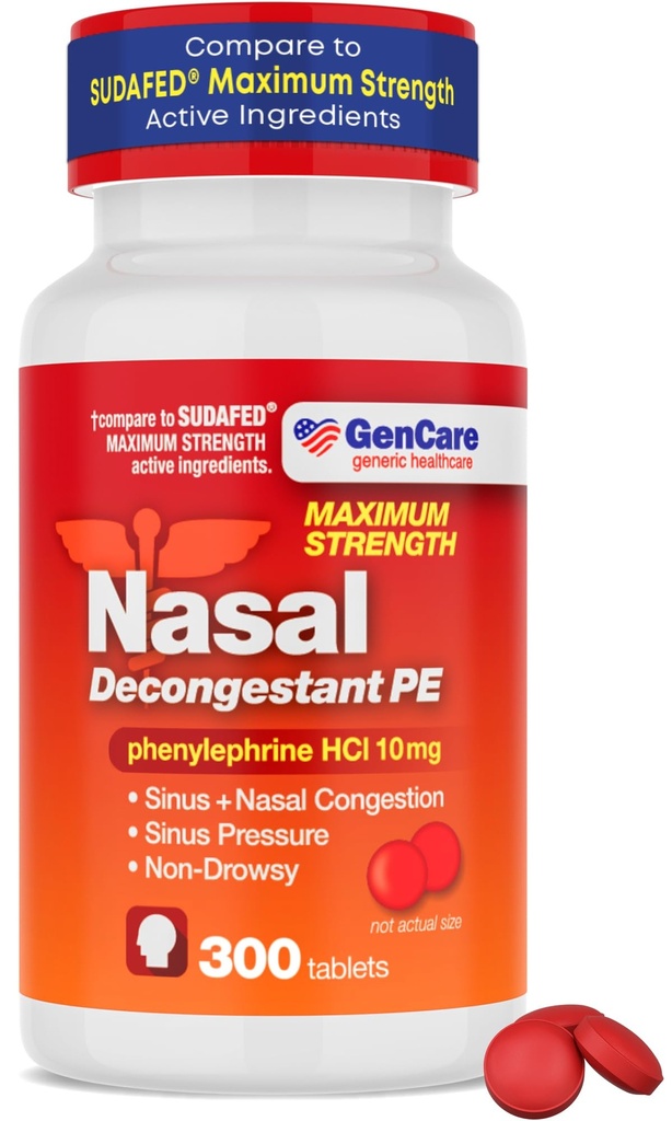 GenCare - Nasal Decongestant (10 mg Tablets) Fenylephrine HCl (300 Tablets Per Bottle) 124; Value Pack Non Drowsy Sinus and Nasal Congestion Relief 124; Niższe ciśnienie zatokowe z powodu alergii lub choroby