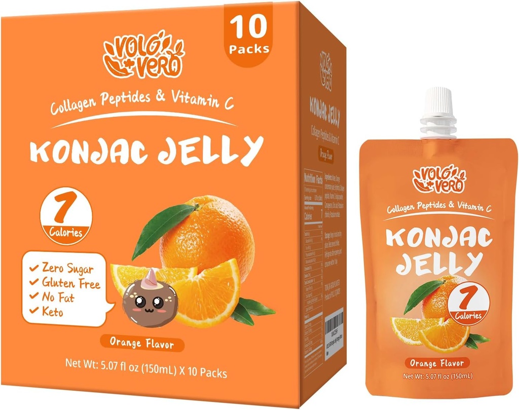 Konjac Jelly Pouch Drinkable Orange Flavor, Niskie kalorie (7 Kcal), 10 opakowań, Gluten Free, Keto, Cukier wolny, Niskie węglowodany, Witamina C Zdrowe przekąski owocowe, Holiday Gift