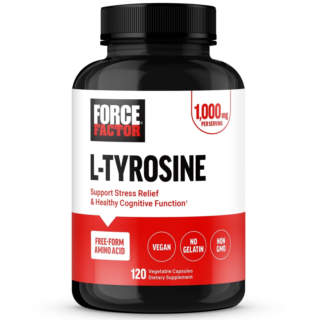 FORCE FACTOR L Tyrosine Relief Supplement, L- Tyrosine Brain Health Supplements dla dorosłych, L- Tyrosine 500 mg Kapsułki, Forma wolna, Wegan, No Gelatin, Non-GMO, 120 Kapsułki
