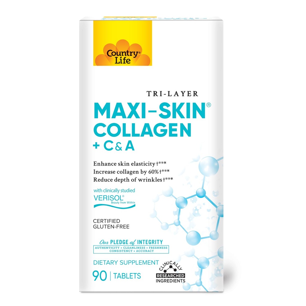 Country Life Verisol Collagen Peptides Tablets - Reduce Depth of W[KB2] rinkles & Enhance Skin Elasticity-90 Tablets-Includes Vitamin A&C - Collagen Powder for Women & Men - Boost Skin Collagen by 60%