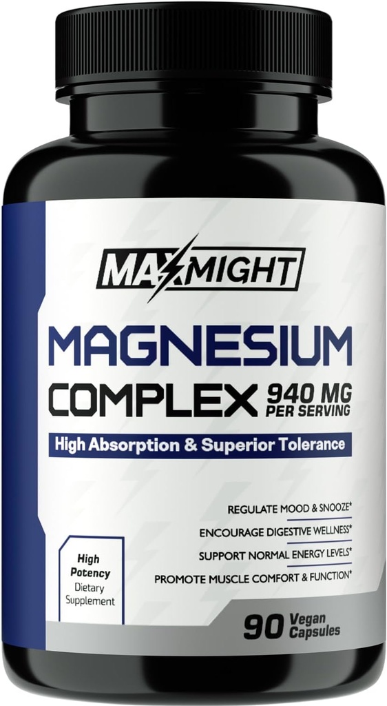Magnez Complex, 210 mg Magnezu pierwiastkowego, Glicynian, Cytrat & Malate, Non-GMO, Max Absorpcja, Mięśnie, Mood, Energia, 90 Kapsułki wegańskie