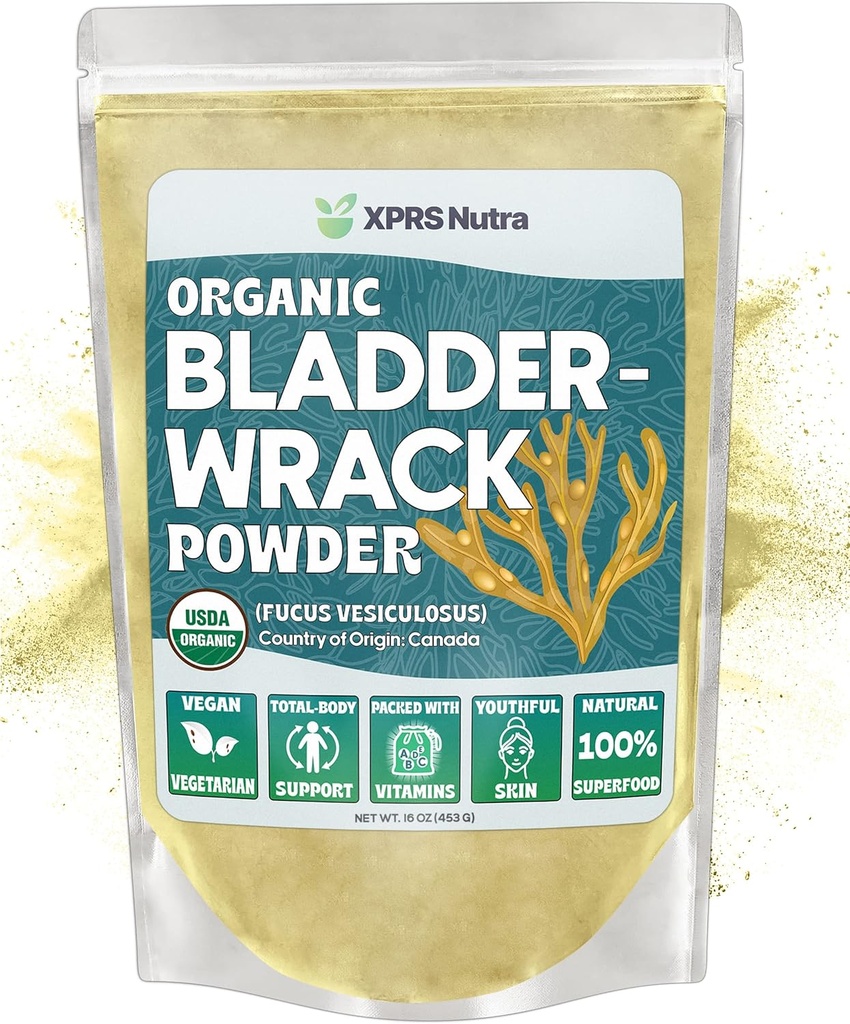 XPRS Nutra Organic Bladderwrack Powder (Fucus Vesiculosus) - Premium Bladderwrack Organic Powder for Gloving Skin - Vegan Friendly Bladderwrack Herb Jod Supplement (16 unce)