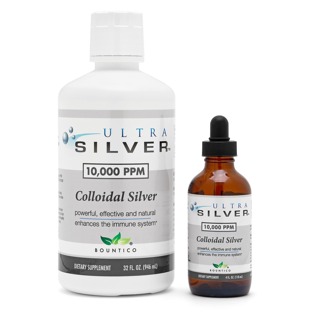Ultra Silver ® Colloidalne srebro 124; 10,000 PPM, 32 Oz (946ml) 124; Suplement mineralny DEV124; Prawdziwe Colloidalne srebro - 4 Oz Butelka kroplomierzem (Pusty) Zawarte do rozpuszczania!