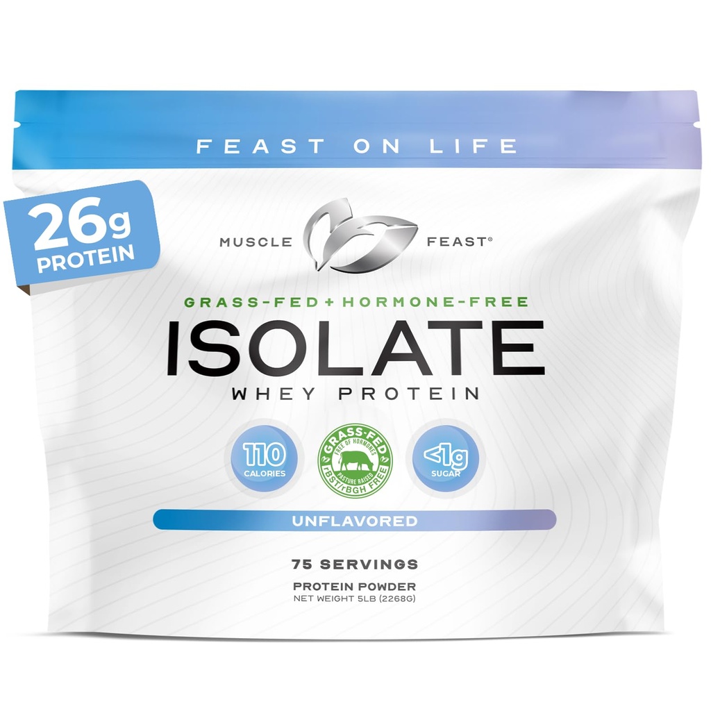 Uczta mięśni Grass- Fed izolat białka serwatki, Wszystkie naturalne hormon wolne pastura wzrosła, serwatka Isolate Protein Proszek dla mężczyzn i kobiet, Czysty, Non-GMO & Gluten-, Isolate Protein - Unflavored, 5lb