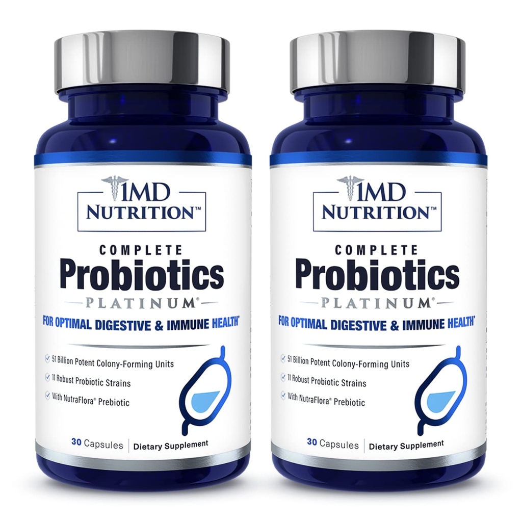 1MD Kompletne Probiotyki Platinum 124; Wspiera Digestive Health 124; z Prebiotyki Nourishing, 51 Miliard Live CFU, 11 Szczeliny, Darmowy 124; 30 Kapsułki roślinne (2- Pack)