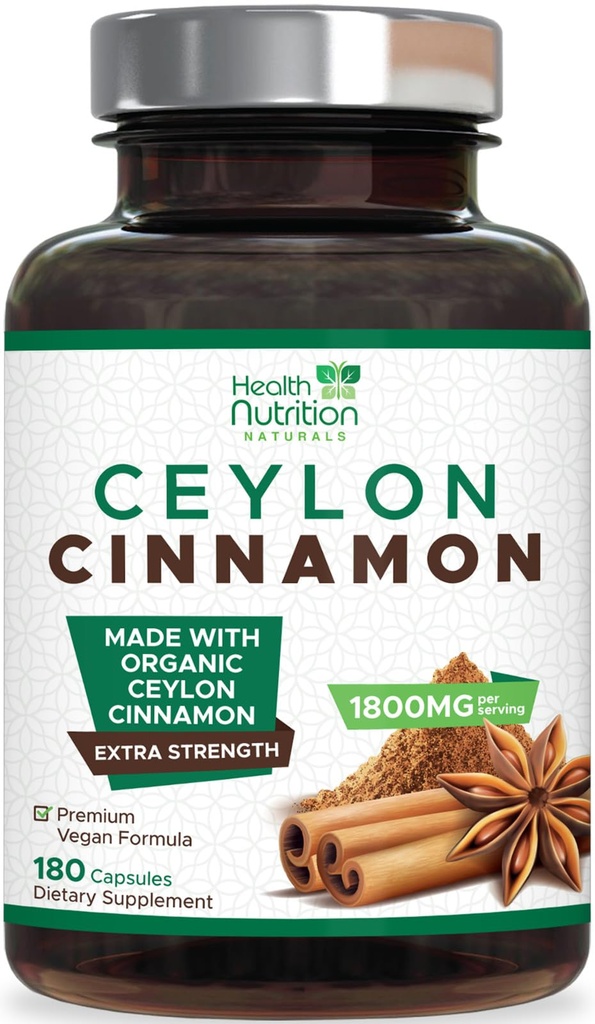 Ceylon Kapsułki cynamonowe 1800mg - Certified Organic Ceylon Cynamonowy suplement w proszku, Butelki w USA, Dodatkowa siła Energy & Heart Support Pills, Non-GMO & Gluten Free, Cukier - 180 Kapsułki