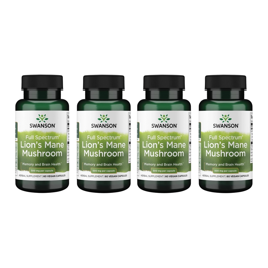 Swanson Full Spectrum Lion 's Mane Mushroom - Brain Health Supplement to Support Memory, Focus & Clarity * - May Also Aid Immune, Heart & Digestive Health - Gluten- Free & Non-GMO - 60 kapsułki (4 opakowania)