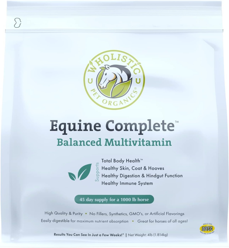 Wholistic Pet Organics Equine Complete: Koń Multivitamin for Total Body Health - Koń suplement z witamin, Minerały, Prebiotyki, Probiotyki, Przeciwutleniacze i więcej - 4 Lb