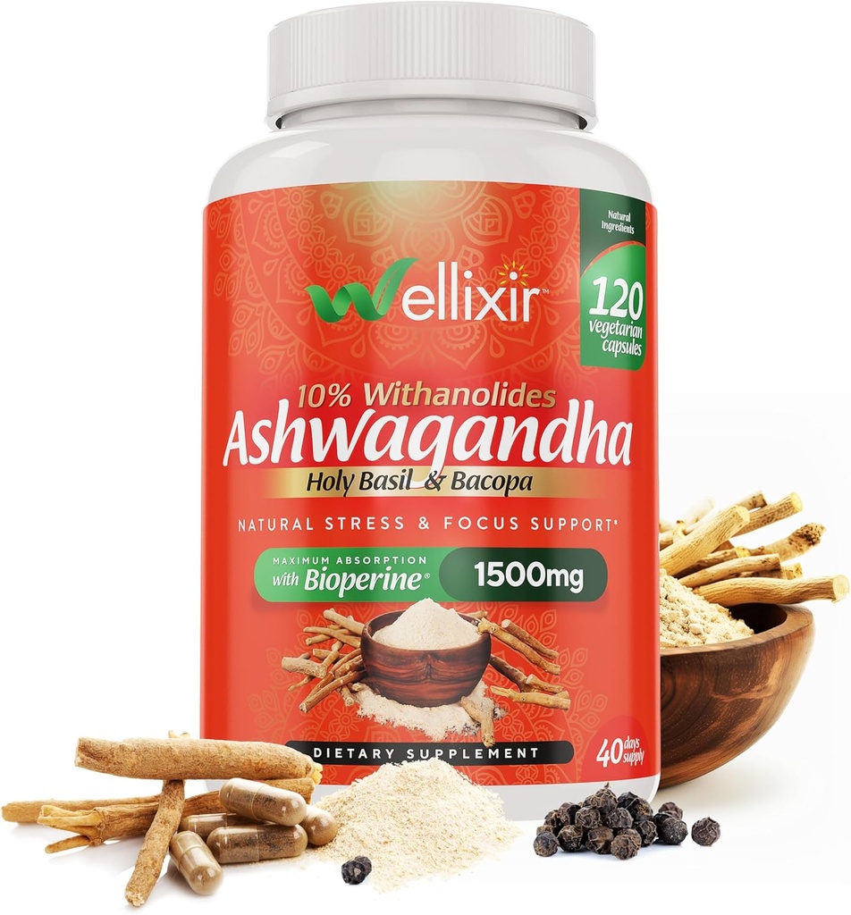 Ashwagandha kapsułki - 10% Withanolides, ekstrakt z proszku korzennego, suplement ziołowy, aby pomóc wspierać naturalny stres ulgi, sen, Focus - 1500mg, dla mężczyzn i kobiet -120