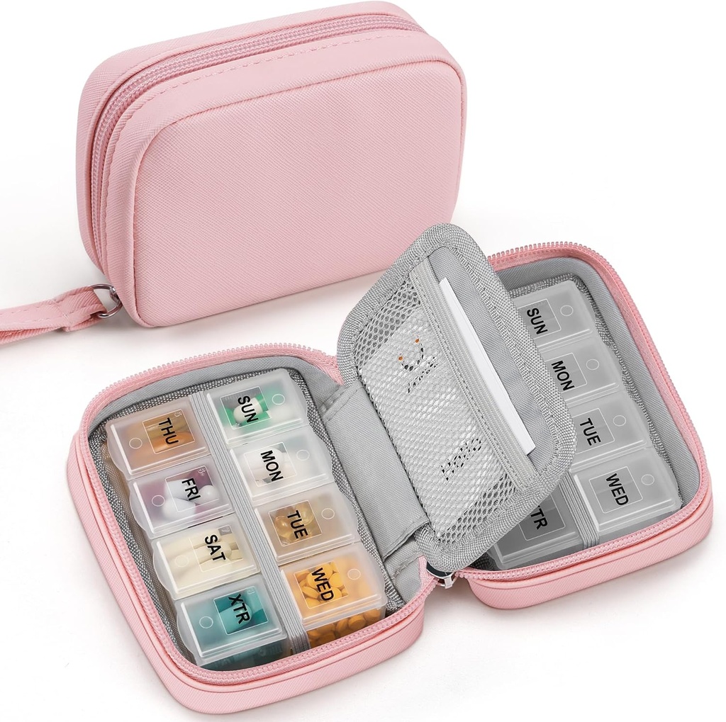 Zannaki Cute Pill Organizer for Purse with Two Removable 7- Day Pill Box, Travel PU Leather Pill Case, Portable Tygodniowy Pill Container z workiem do przechowywania witamin, Oleje rybne, Suplementy (różowy)