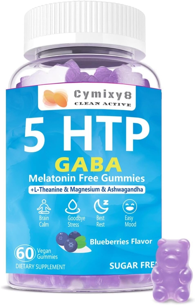 5-HTP GABA Gummies Mieszanka 1700mg, bezcukrowe Gummeje z L Theanine, Magnez, Ashwagandha, Omega- 3- 6- 9, Witamina D3, B6 dla naturalnych Zzzs, Nastrojowe, Brain- Spokój, Blueberry Flavor 60Count