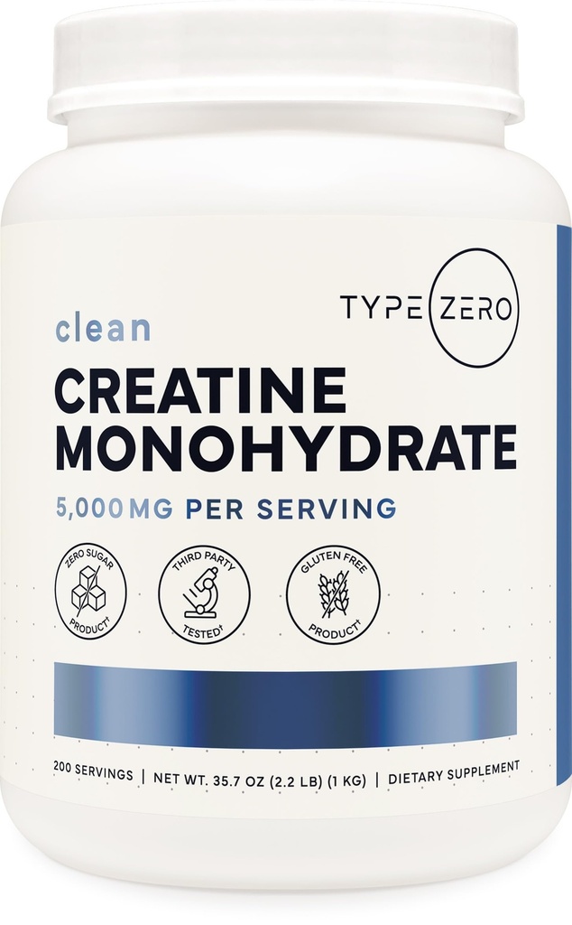 Typ Zero Monohydrat kreatury (Unflavored) 1 KG, 5000mg (5g) Per Serving, Mikronizowane, Cukier zero, Keto Friendly & Gluten Free, 200 Służenia