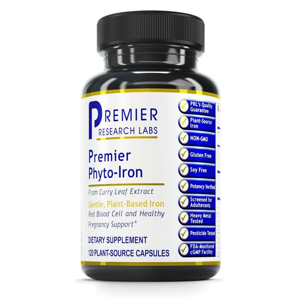 Premier Research Labs Phyto- Żelazko - Żelazo na bazie roślin dla mężczyzn i kobiet na wsparcie krwi, Curry Leaves Supplement, Żelazo suplementy, Non-Heme Żelazko, 18 mg Żelazo Per Serving - 120 Kapsułki wegetariańskie