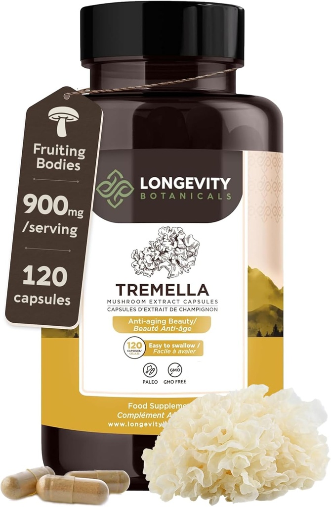 Organic Tremella Mushroom Supples (120) Velk 124; Fruiting Body 10: 1 Wysoka wytrzymałość Wyciąg z grzybów śnieżnych 124; 10% Beta- D Glukany 124; 9,000mg Surowy ekwiwalent na Podawanie 124; Hydracja skóry i wsparcie mózgu
