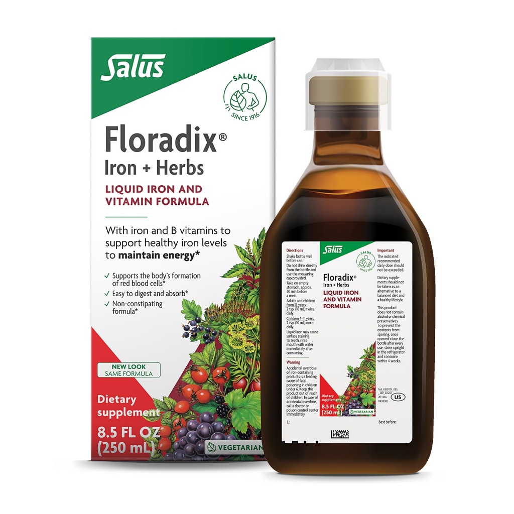 Floradix Żelazo i Zioła - Płynny suplement ziołowy dla wsparcia energetycznego - Suplement żelaza z witaminą C & witamina B - dla mężczyzn i kobiet - 8.5 fl oz