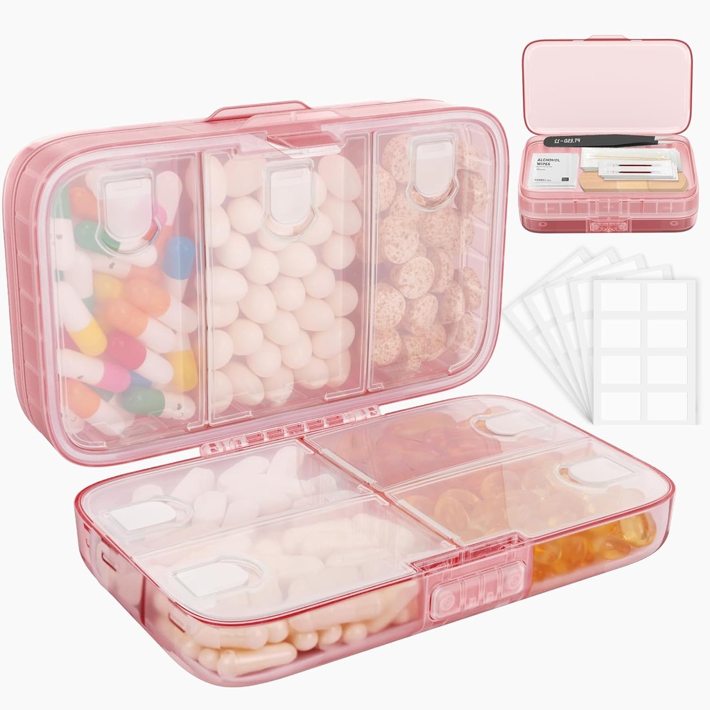FYT Cotygodniowy Pill Organizator z etykiet, 8 Komory Travel Daily Pill Case Airtight Moistureproof Big Pill Box trzymać witaminy, Olej rybny, Suplementy, Swab bawełniany i Bandages- różowy