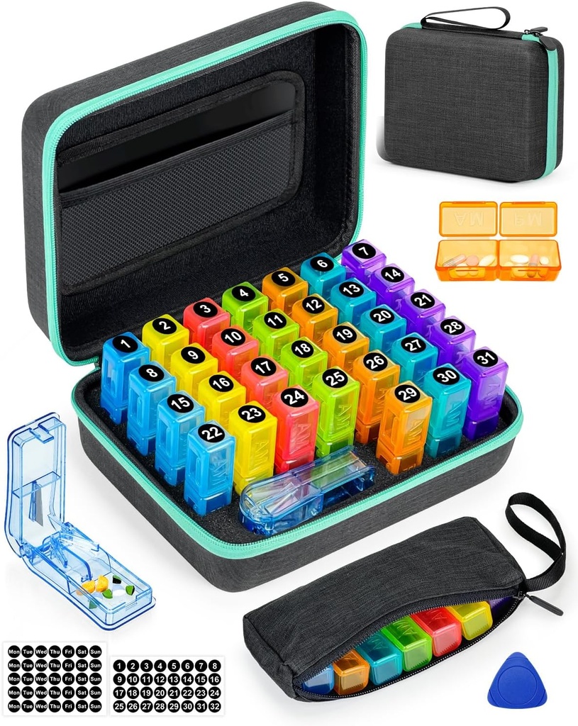 Monthly Pill Organizator 2 razy dziennie, z Cotygodniowy Pill Bag, Przenośna twarda skorupa, Pill Cutter, Plastic Otwarcie Pick, Miesięczne i Tygodniowe Naklejki, Wygodne zarządzanie lekami i śledzenia