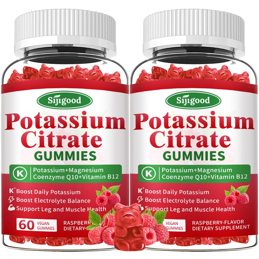 2 Pack Gummies cytrynian potasu - Suplement potasu dla zdrowia mięśni, Leg Cramp Relief & Elektrolite Balance, Wegan, Non-GMO, Gluten- Free, Malina Flavor, 120 Count