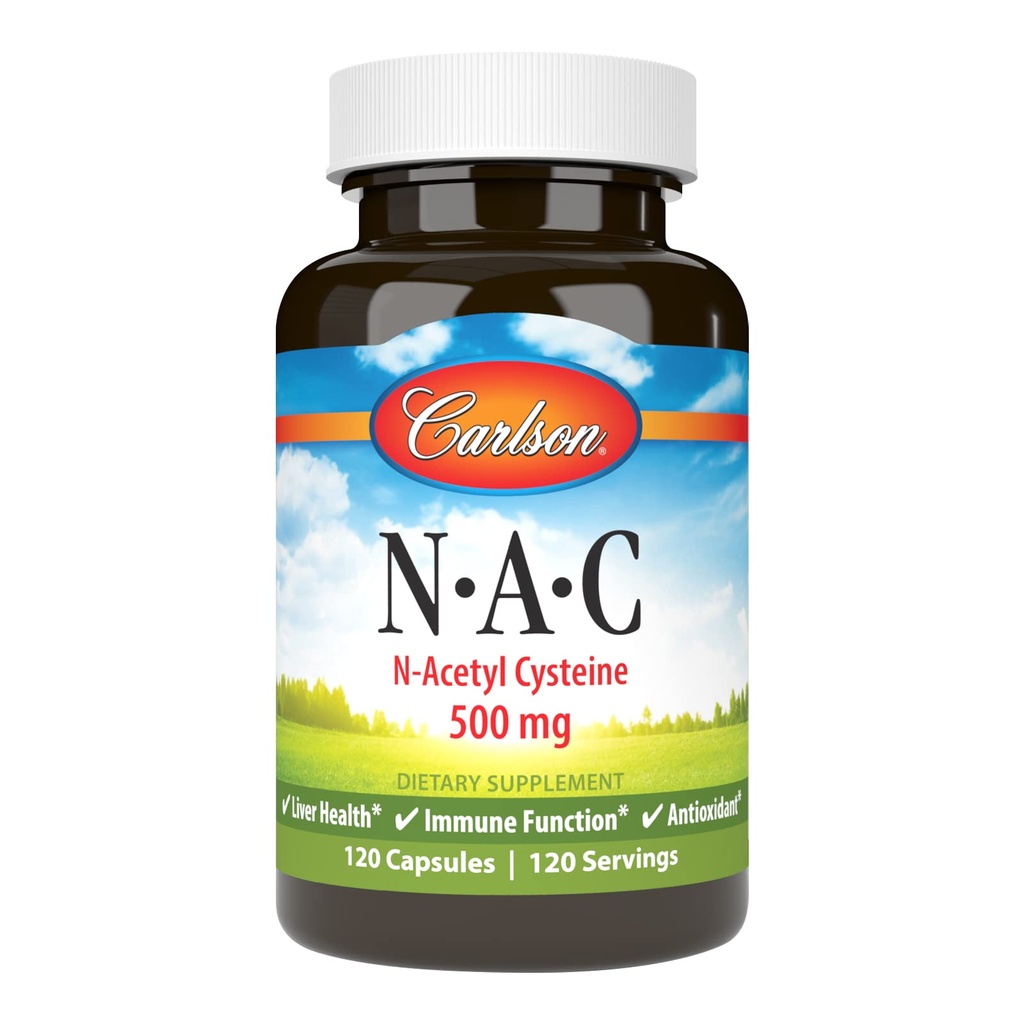Carlson - NAC, N- Acetyl Cysteina, 500mg, Zdrowie wątroby, Immune Function, Przeciwutleniacz, 120 Kapsułki wegetariańskie