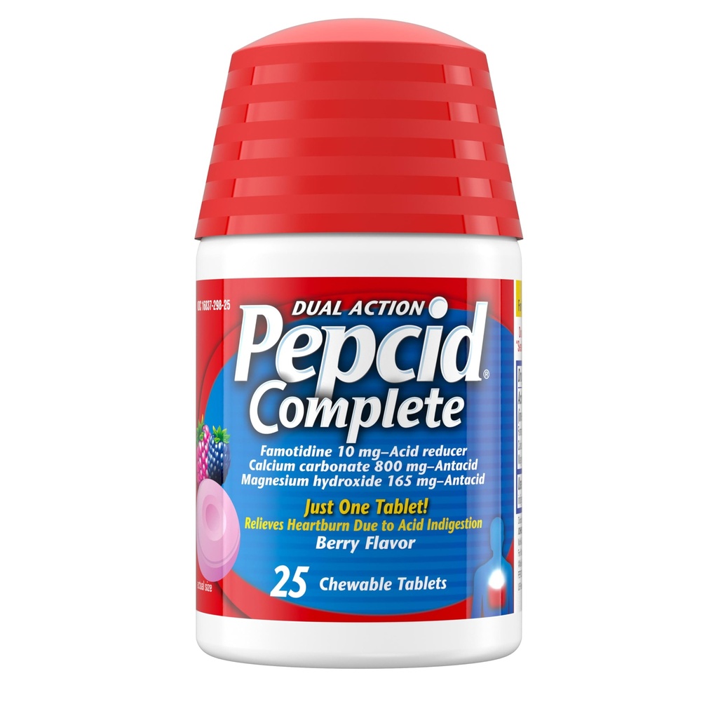 Pepcid Complete Acid Reducer + Antacid for Acid Reflum, 10 mg Famotydyna, 800mg Karbonian wapnia i 165 mg Hydroksyd magnezu na tabletkę z lekiem Heartburn, Antacid Chews, Berry, 25