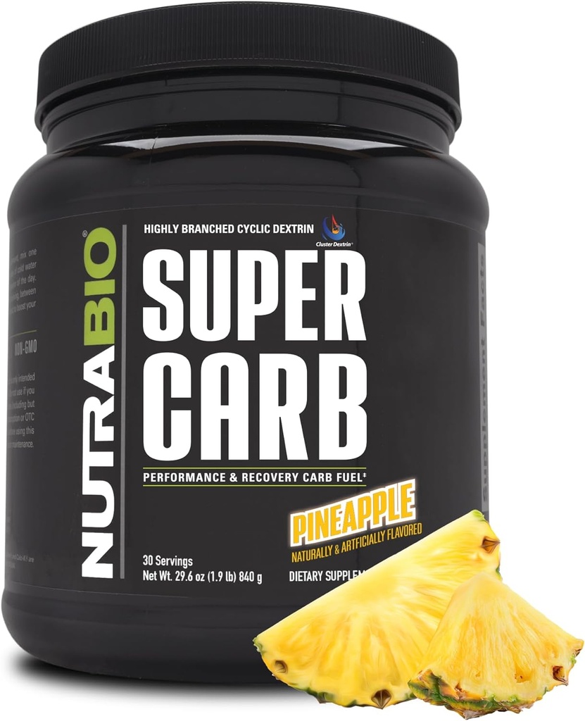 NutraBio Super Carb, Proszek węglowodanowy z klastrem Dekstryny i elektrolitów, Advanced Carb Supplement Proszek do treningu paliwa, Wydajność i Odzyskiwanie mięśni, Dekstryna cykliczna, Ananas, 30 Sv