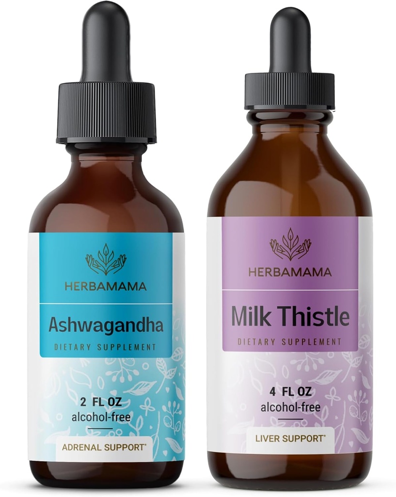 Zestaw ziołowych kropli ziołowych HERBAMAMA - Paczka Aszwagandha Root Tincture 2 fl oz & Milk Thistle Extract 4 fl oz - Vegan, Non-GMO, Sugar & Alcohol- Free - 2 Pack