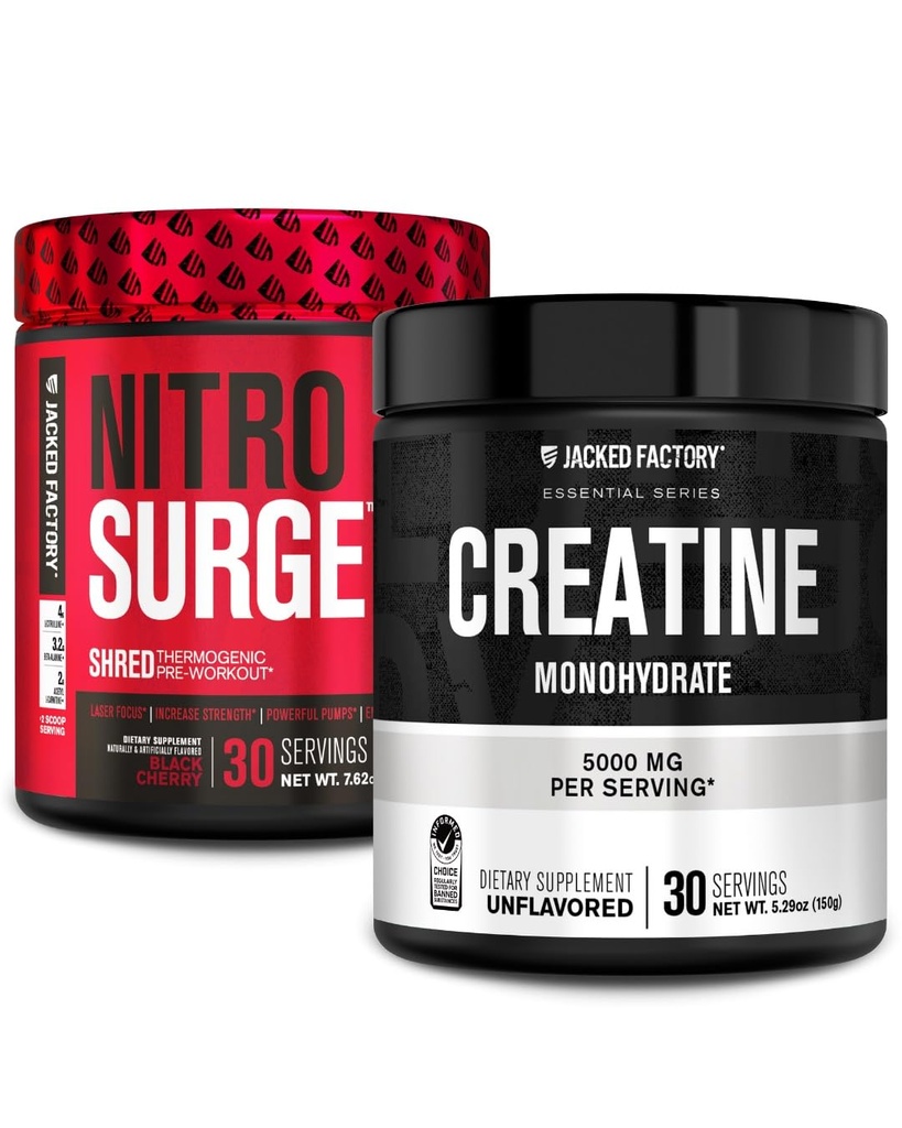 Jacked Factory NITROSURGE Pre Workout Supplement (Black Cherry, 30 Servings) & Proszek jednowodny kreatryny (Unflavored, 30 Servings)