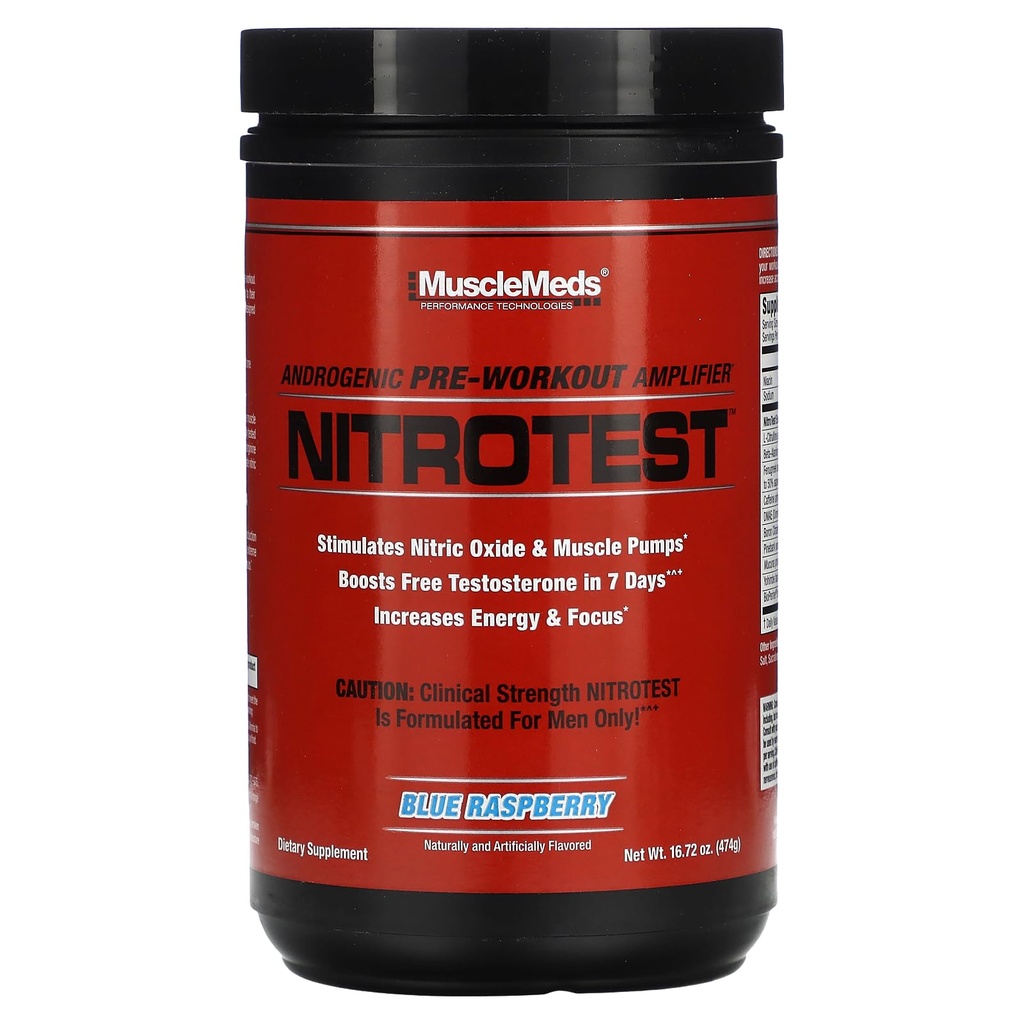 MuscleMeds Nitrotest Pre- Workout Supplement Drink, Boost tlenku azotu, Testosteron, Blue Malina, 30 Podawanie, 1.04 Funt, 1 Hrabia