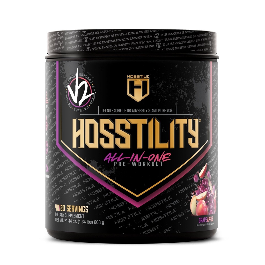 HOSSTILE Hosstility V2 Pre Workout, All- in- One Pre Workout Proszek dla mężczyzn i kobiet, Wzmocnienie pompy mięśniowej, Zwiększenie energii, Wzmocnienie siły, ostrość ostrości, jabłko winogronowe, 40 Służenie