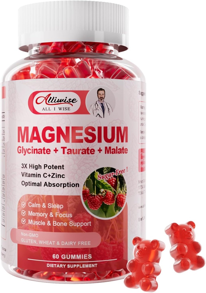 Glucynian magnezu, suplement potasu magnezu z Taurate, Malate, Witaminy D, C, B6, Wapnia, Wsparcie ciała, Malina Magnezu Gummies dla dorosłych i dzieci