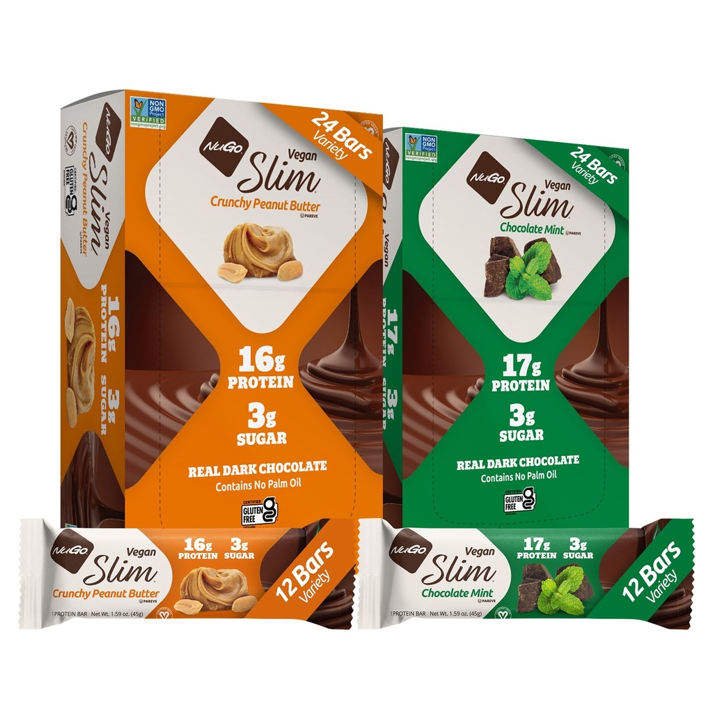 NuGo Slim Vegan Variety - Chrupiące Masło orzechowe 12 barów i mięta czekoladowa 12 barów, Węgiel niskowęglowy, Keto Friendly, 16-17 g Białko na bazie roślin, Gluten Free, 24 liczenie
