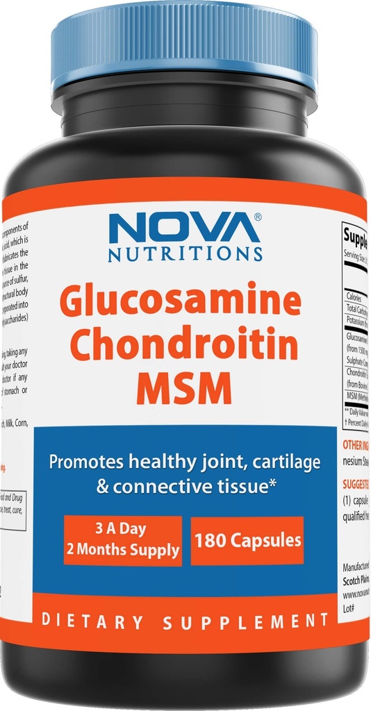 Nova Nutritions Triple Strength Glukozamina Chondroitin MSM 2600mg / Podawanie kapsułek, Wspiera zdrowe wspólne, chrząstki i tkanka łącząca - Promotes Joint Comfort & Elastyczność