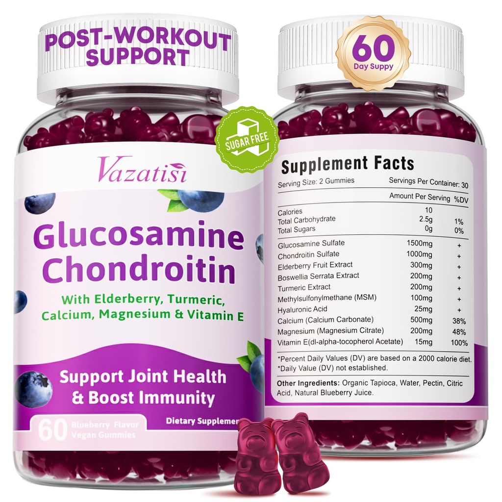 2 Pakiet Glukozaminy Chondroitin Gummie - Glukozamina Chondroitin z MSM, Elderberry, Turmeric, Joint Supplement for Dorośli, Mężczyźni i Kobiety - Blueberry Flavor, 120 Cts