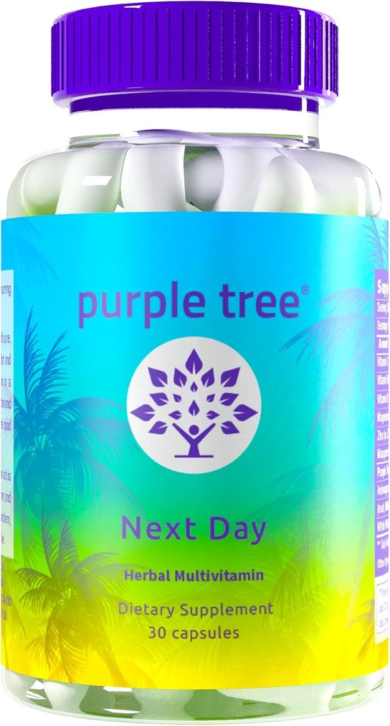 purpurowe drzewo Następny dzień, Post- Celebration Wellness - Weź jutro 124; Uzupełnij & Poczuj swoje najlepsze miejsce 124; Ashwagandha, Ginger, Peppermint, Ostrze Mleczne, Elektrolity, Witaminy, 30 Tabletki