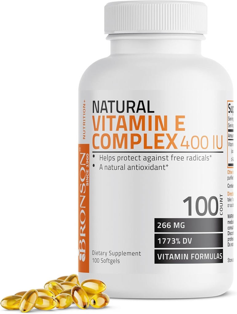 Bronson Natural witaminy E Complex 400 I.U. Supplement (d- Alpha Tocoferol Plus d- Beta, d- Gamma, & d- Delta Tocoferole), Natural Antioksydant, 100 Softgels