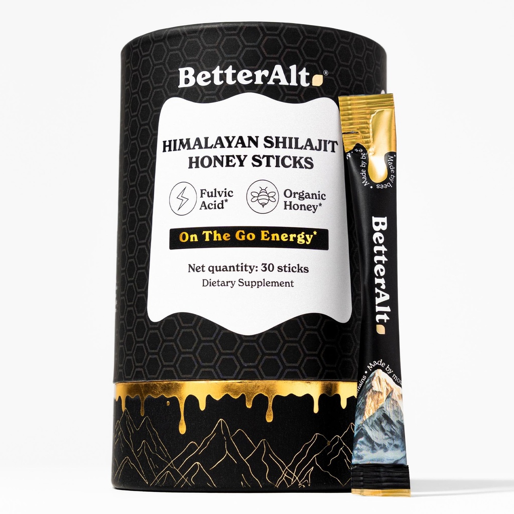 Better Alt Pure Himalayan Shilajit Sticks z organicznym miodem, Saffron 124; Łatwy do spożycia Shilajit 124; 30 Sticks for Energy Boost & Immune Support, 85 + Ślad Minerałów, 75% + Kwas Fulvic