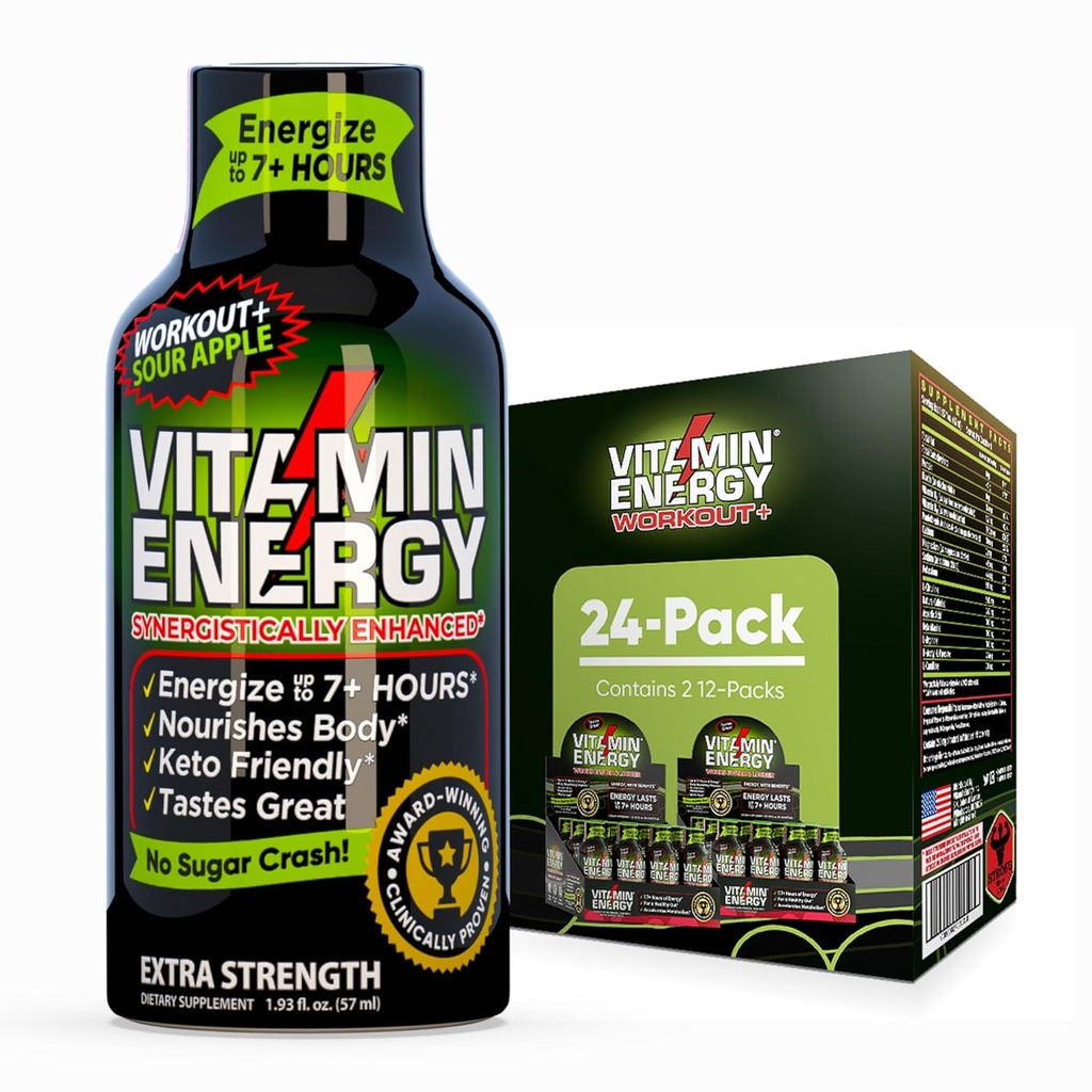 Witamina Energy Workout + Extra Siła Energy Shot Sour Apple 24 Pack, 260mg naturalnej kofeiny, Trening wstępny, B- Witaminy, Minerały, Endurance & Performance, Zero cukru, Gluten- Free, Wegan, 1.93 fl oz