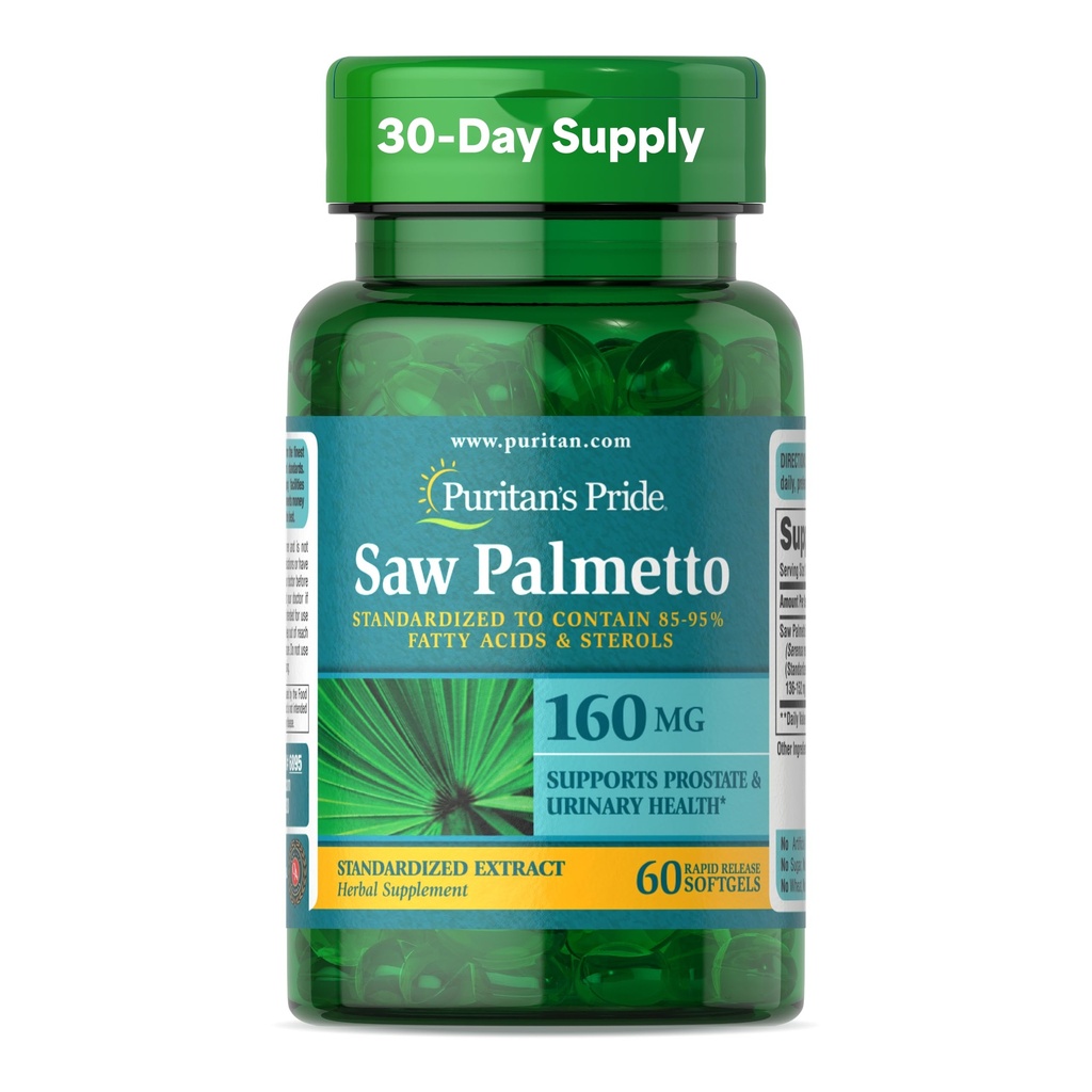 Puritan 's Pride Saw Palmetto Extract 160mg, Tradycyjny Herbal Dietetyczny Suplement dla męskich prostaty i wsparcie zdrowia, 60 Kapsułki szybkiego uwalniania