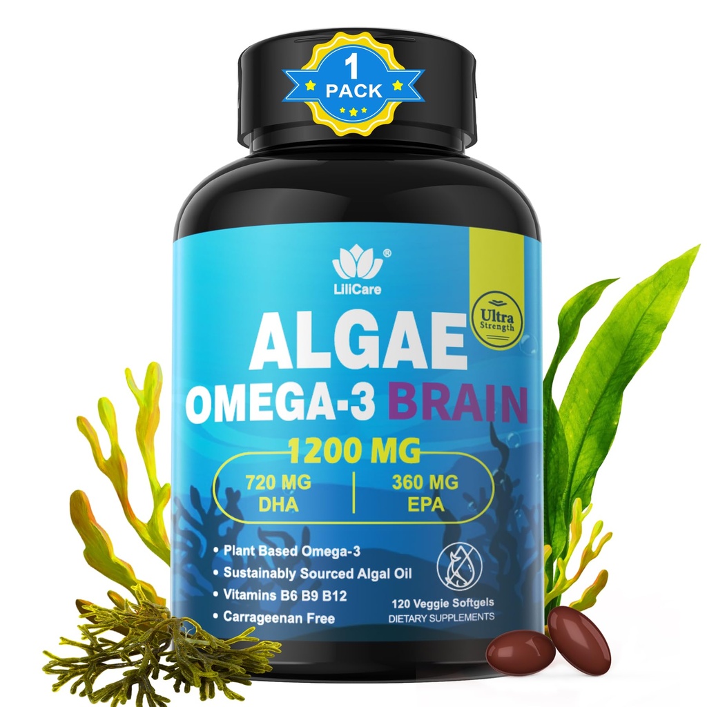 Omega 3 Fish Oil Softgels with DHA 720mg EPA 360mg, Vegan Algae Science 2: 1 Stosunek dla mózgu, roślin oparte na zrównoważonym sourced Omega 3 Suplement, alternatywa oleju rybnego 1200mg, No Fish Taste, 120Cts