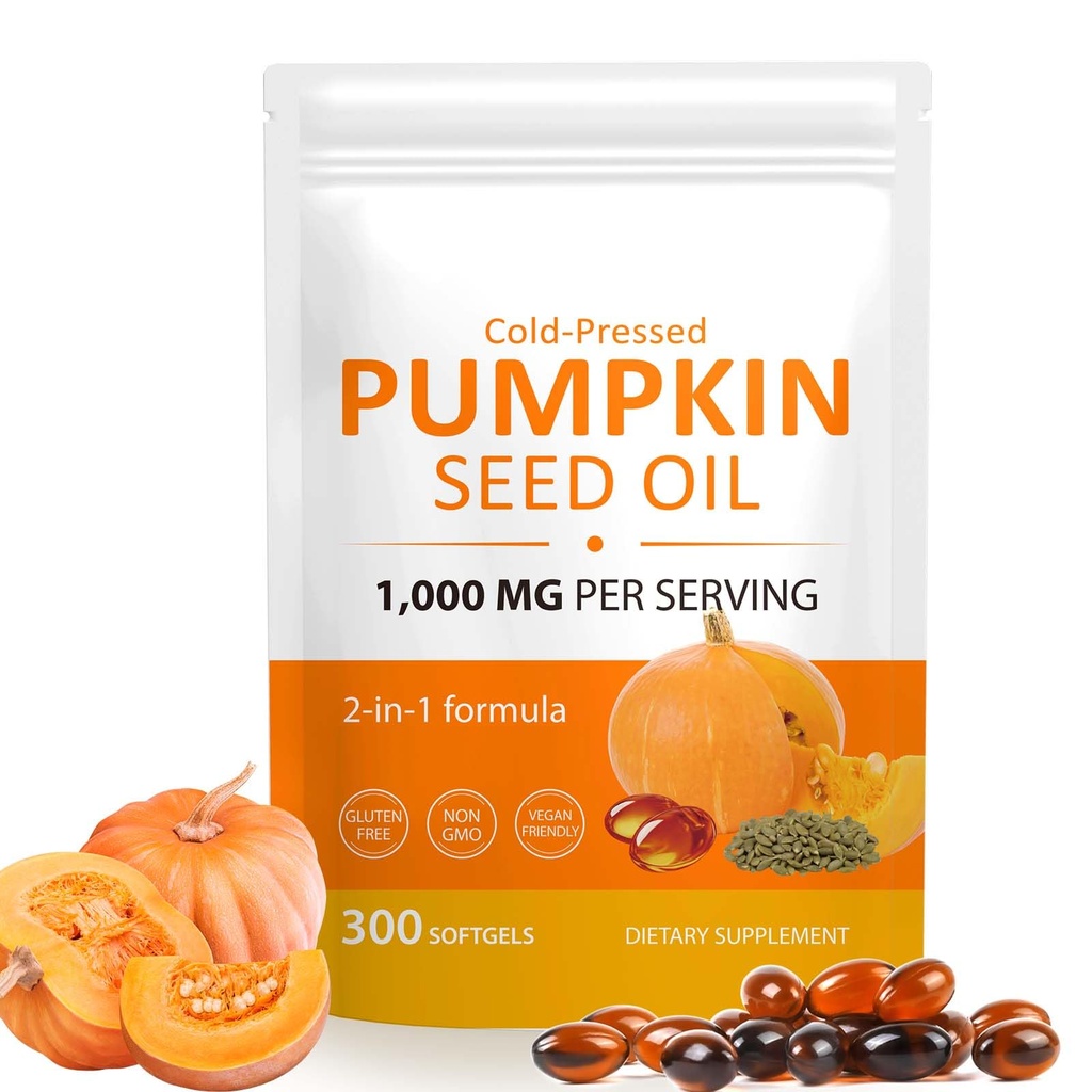 Pumpkin Seed Oil Capsules for Hair Growth, 300 Softgels for Hormone Balance & Prostate Health, Cold Pressed Pure Virgin Oil, Urinary Support, Skin Care
