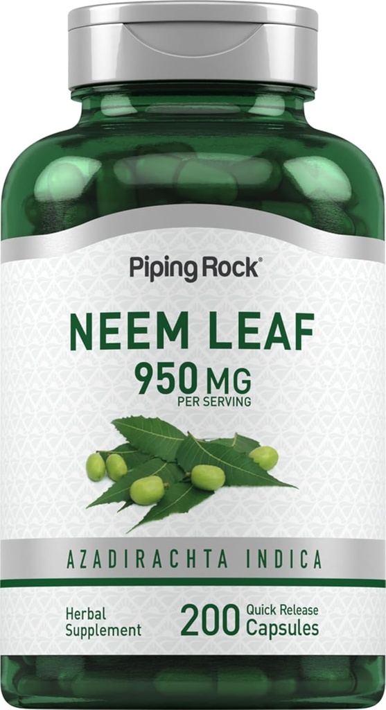 Piping Rock Neem Leaf Kapsułki 124; 950mg 124; 200 tabletek w proszku 124; Herb Extract Supplement Supplement 124; Azadirachta Indica 124; Non-GMO, Gluten Free