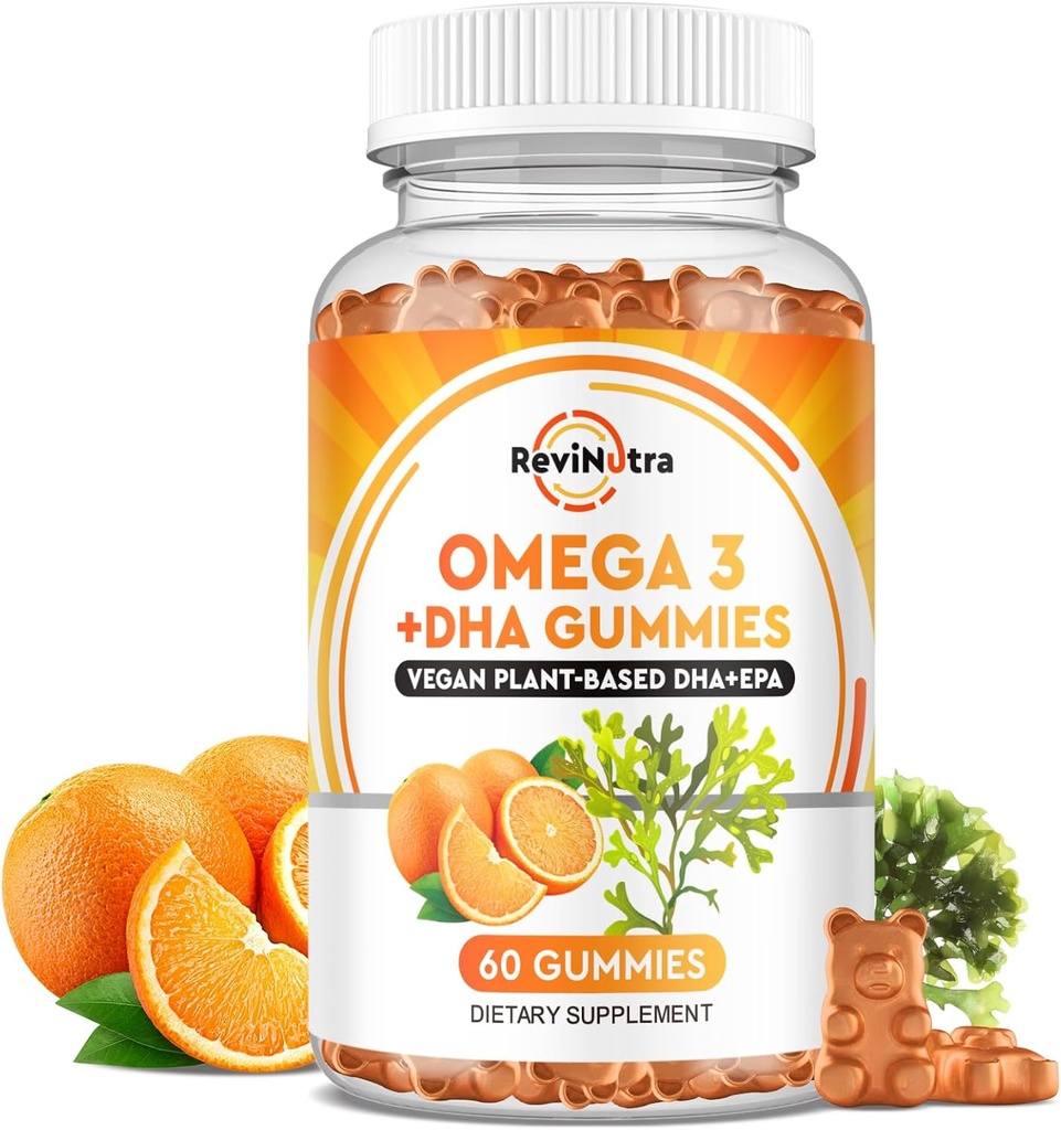 Omega 3 Gumiaki, Omega 3 Suplementy oleju rybnego Alternatywne z EPA & DHA, CoQ10, Folate, Witamina A, D3, E, Wspomaganie mózgu, Joint, Serce, Oko i Funkcje układu immunologicznego - Flavor pomarańczowy, 60 Gumiaki