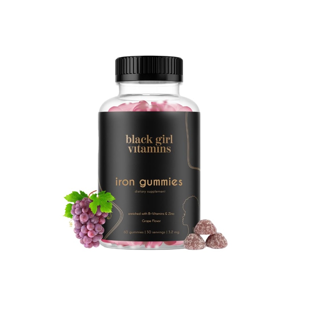 Czarna dziewczyna Witaminy - Żelazne Gumiaki (20 mg), Wspiera niedobór żelaza i niedokrwistość, Gluten- Free, Żelatyna Free, Made in USA (Grape, 60 Count) 30 Day Supply