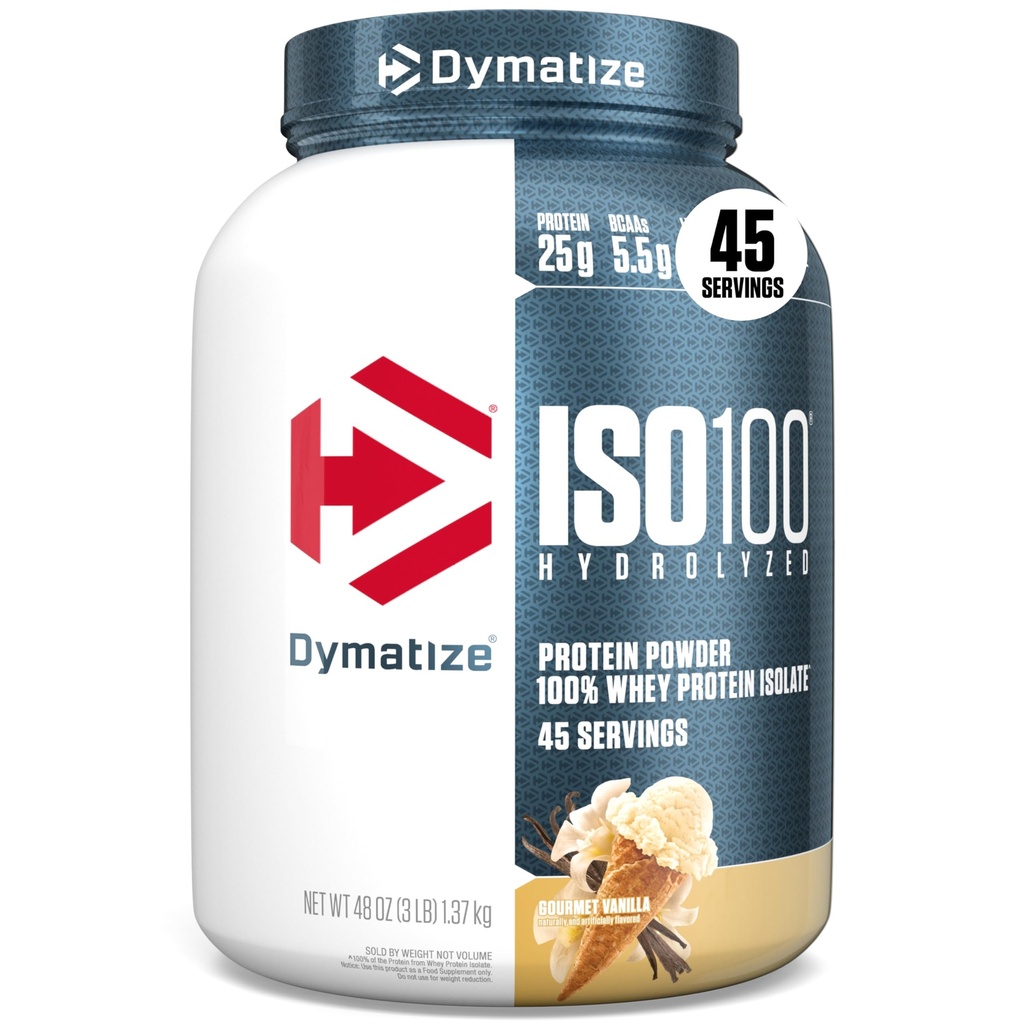 Dimatize ISO100 Proszek proteiny serwatki Izolat, Wanilia, 25g białka, 3 Funt, 5,5g BCAA, Mniej niż 120 Cal., Gluten Free, 1g tłuszczu, 1g cukru, 2g Carb (45 Sług)