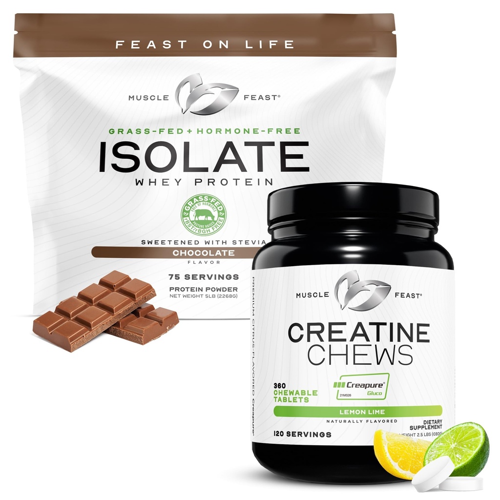 Muscle Feast Isolate + Creatine Candy Bundle: 1 Whey Protein Isolate (Czekolada, 5lb) + 1 Creatine Candy (Lemon Lime, 360) Izolacja 124; Premium Supplements, Wegetarianin, Gluten Free