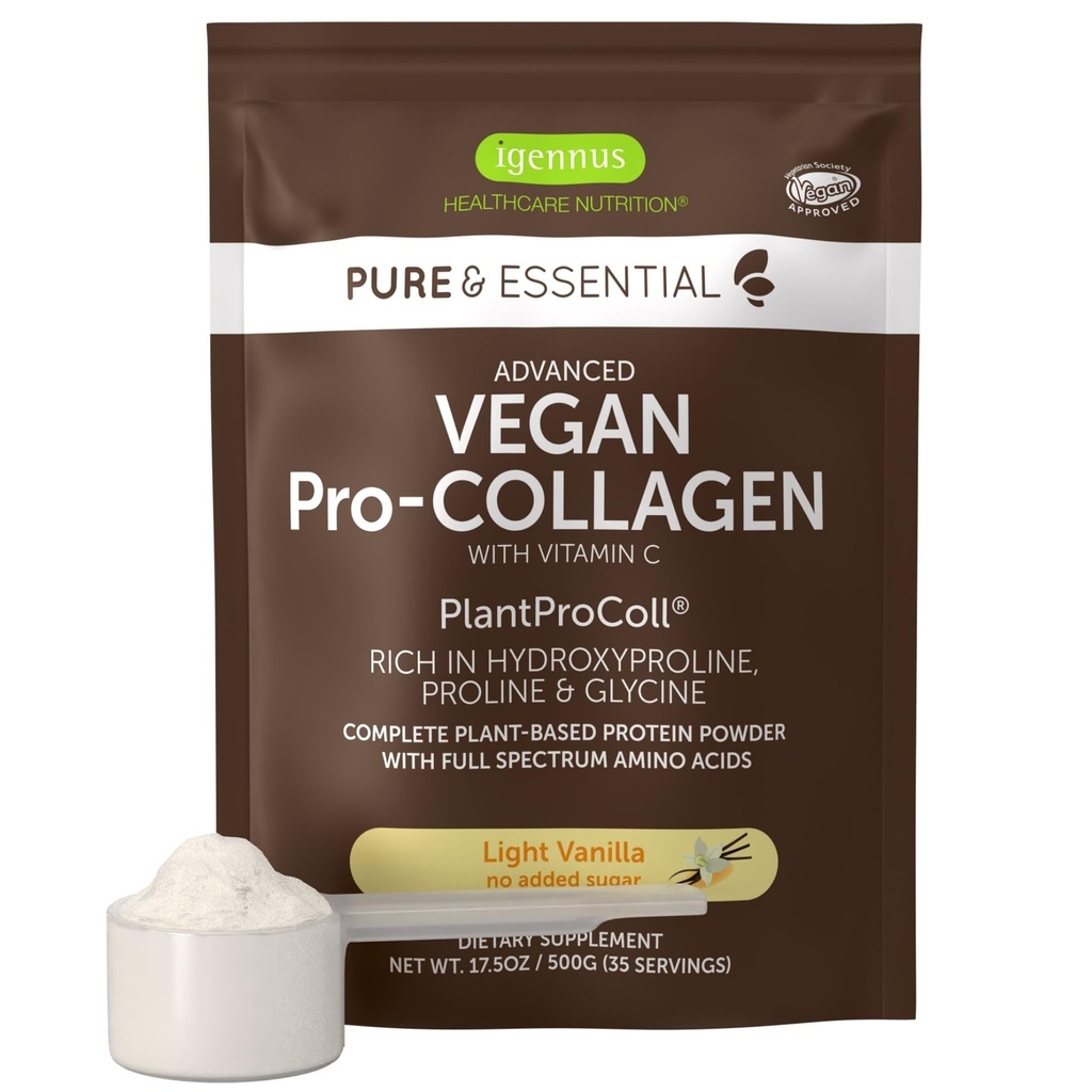 Igennus Advanced Vegan Vanilla Collagen Peptyde Powder, Enhanced glicine, Proline & Hydroxyproline & Cofactor Witamina C, Nie GMO, Roślina roślinna na bazie Collagen Proszek Booster, 35 Służenie