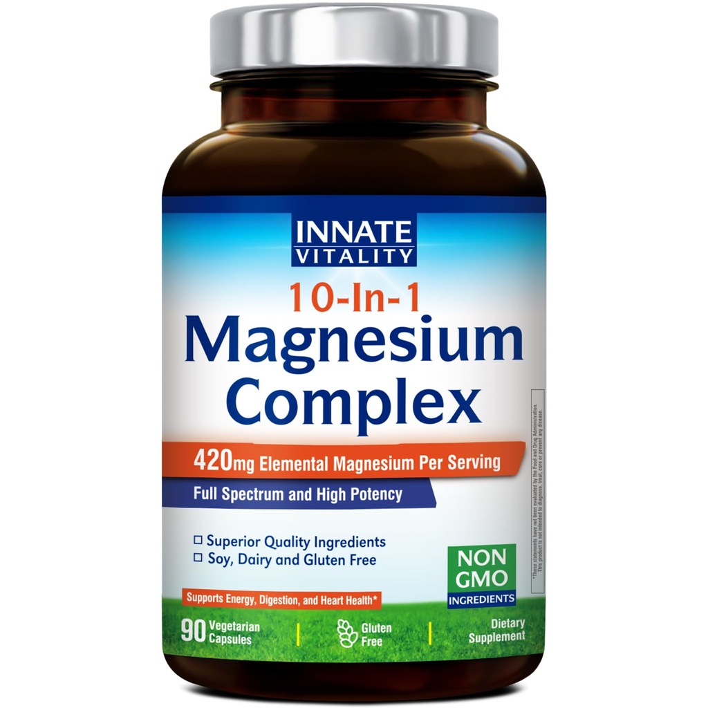 Wewnętrzna witalność 10- in-1 Magnezu Complex 960mg, 420mg Mag pierwiastkowy na Serving, z Magnezu Glycinate, Cytrate, Malate, i więcej, Sen, trawienie, Wsparcie energetyczne, 90 Vegan Caps