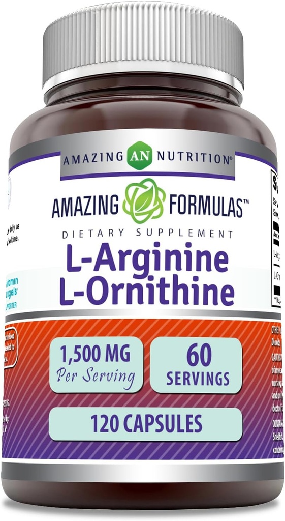 Amazing Formulas L- Arginine / L- Ornithine 1500 Mg Per Serving, Capsules Birth124; Non-GMO Birth124; Gluten Free Birth124; Amino Acid Supplement (120 Count)