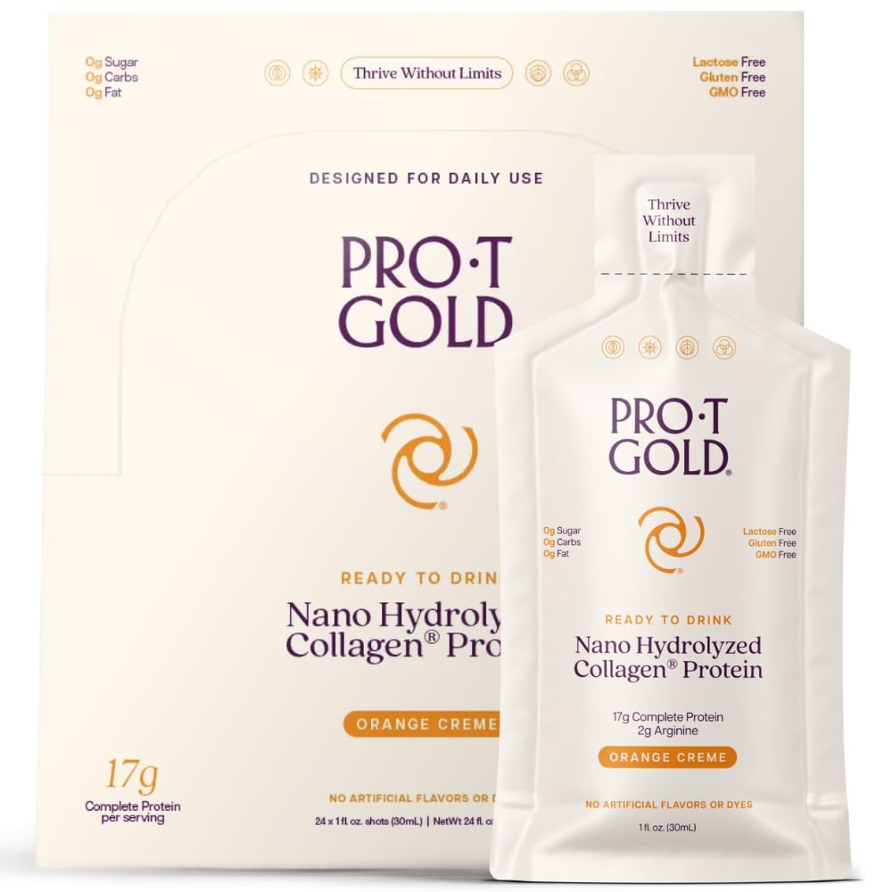 ProT Gold Liquid Collagen Protein Shot, 17g Przezroczysty białko Nano- hydrolizowane trawa fed Collagen, 2 g Arginina na wsparcie rany, Bez glutenu, Cukier wolny, 0g węglowodany, Pomarańczowy Creme, 1 fl oz, 24 Pack